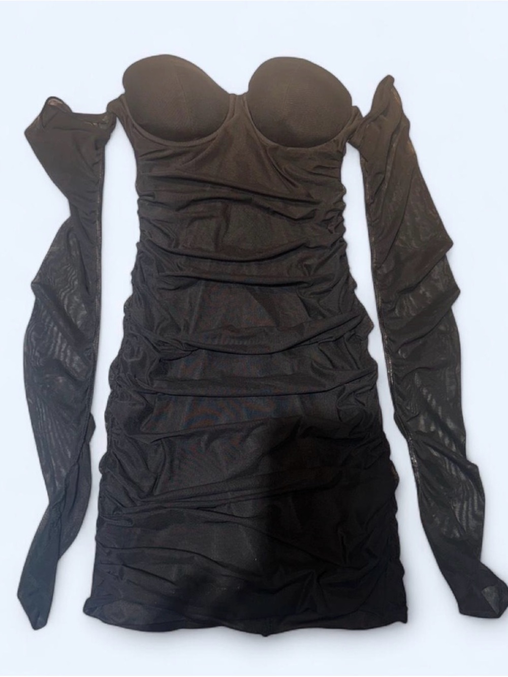 Oh Polly Black Strapless Ruched Mesh Mini Dress with Detachable Sleeves